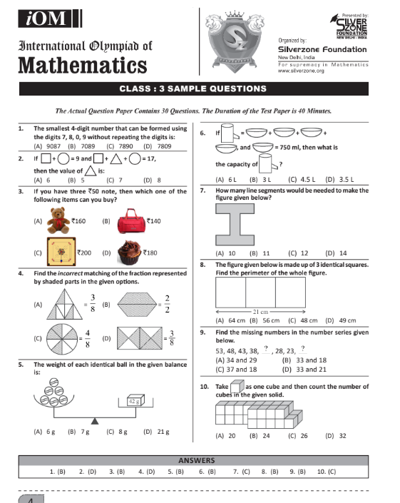 Download Class 3 iOM Maths Olympiad sample paper Olympiad tester