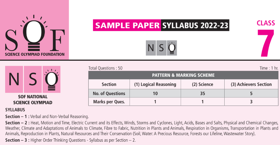 Class 7 SOF NSO Sample Model Question Paper With Syllabus | Olympiad Tester