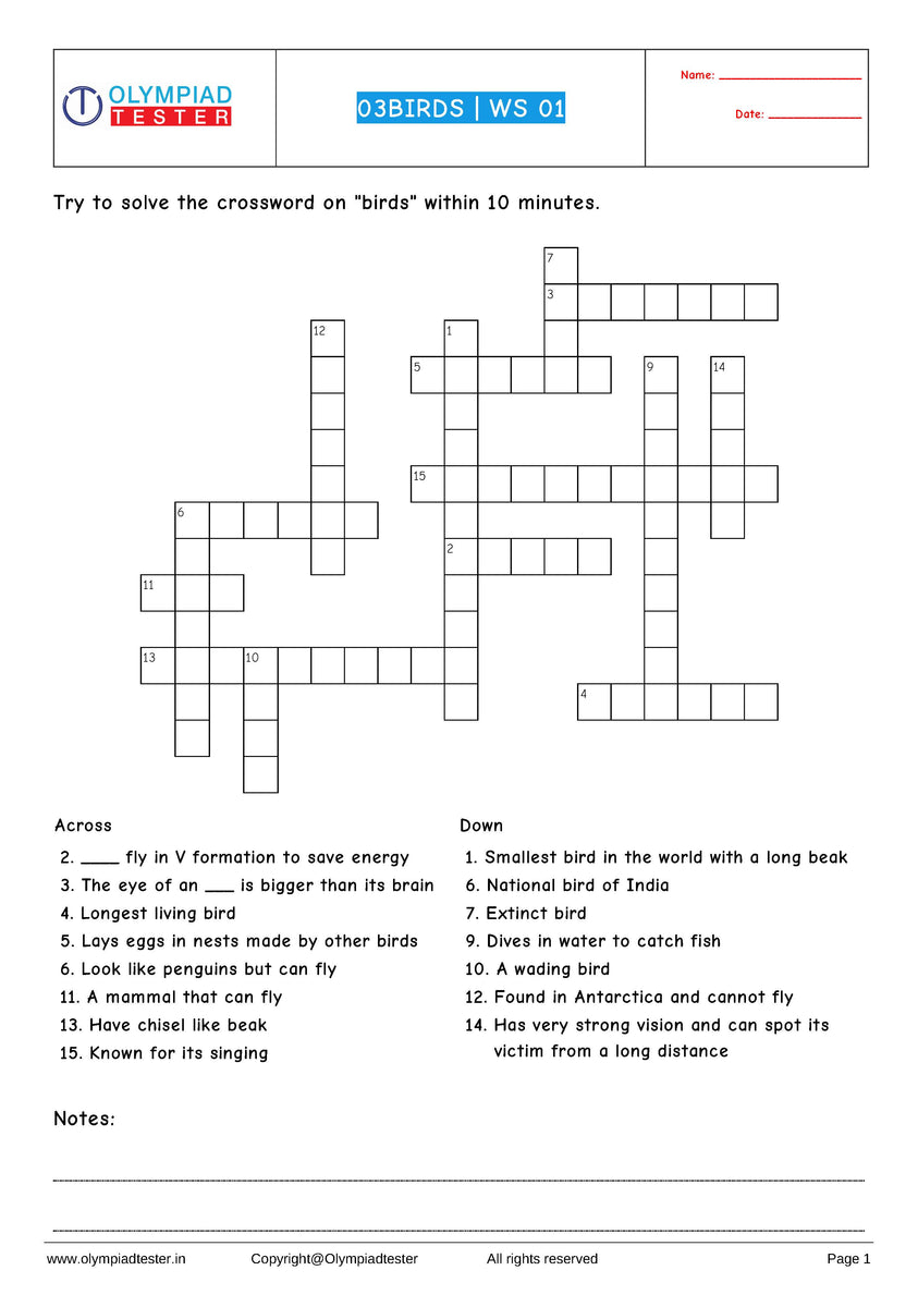 Science Crossword PDF puzzle on birds Grade 3 Olympiad tester