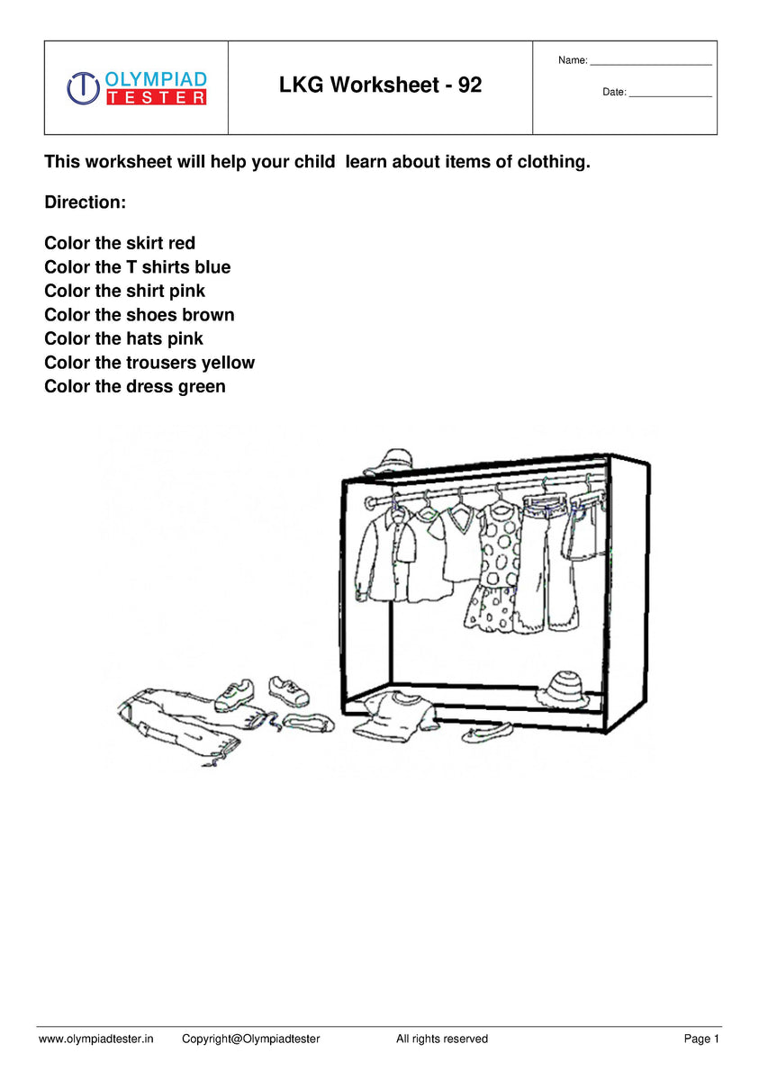 LKG Coloring Worksheet - Clothes human wear | Olympiad tester