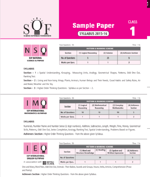 Class 1 IMO Sample Paper - Free Download | Olympiad Tester