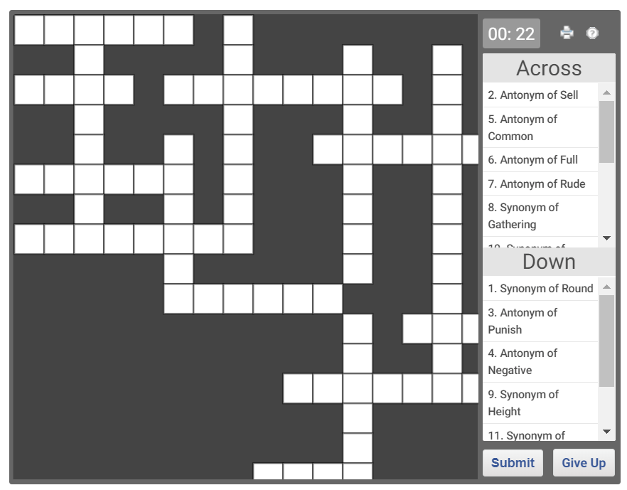 Synonym crosswords for grade 1 worksheets