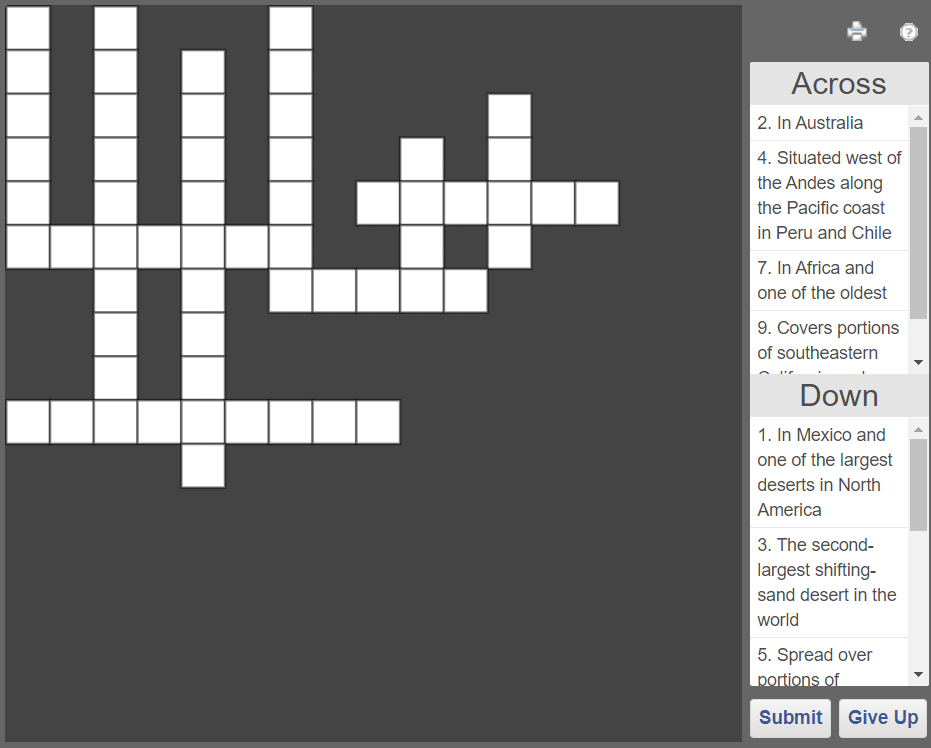 Online crossword puzzle World Deserts Olympiad tester