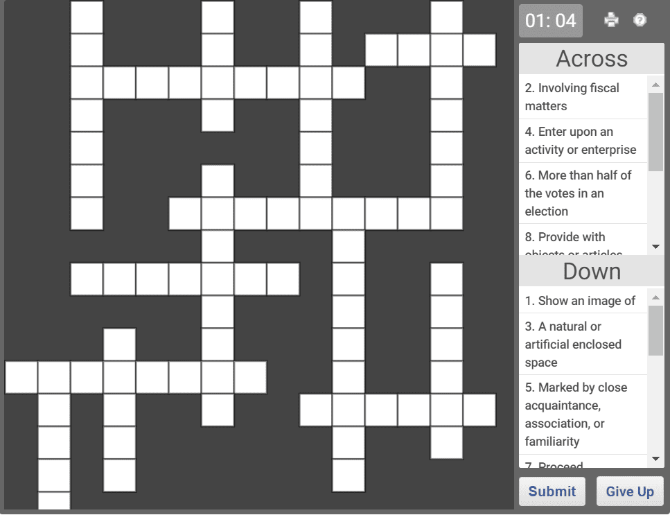 Online Crossword puzzle for English Vocabulary 10 Olympiad tester