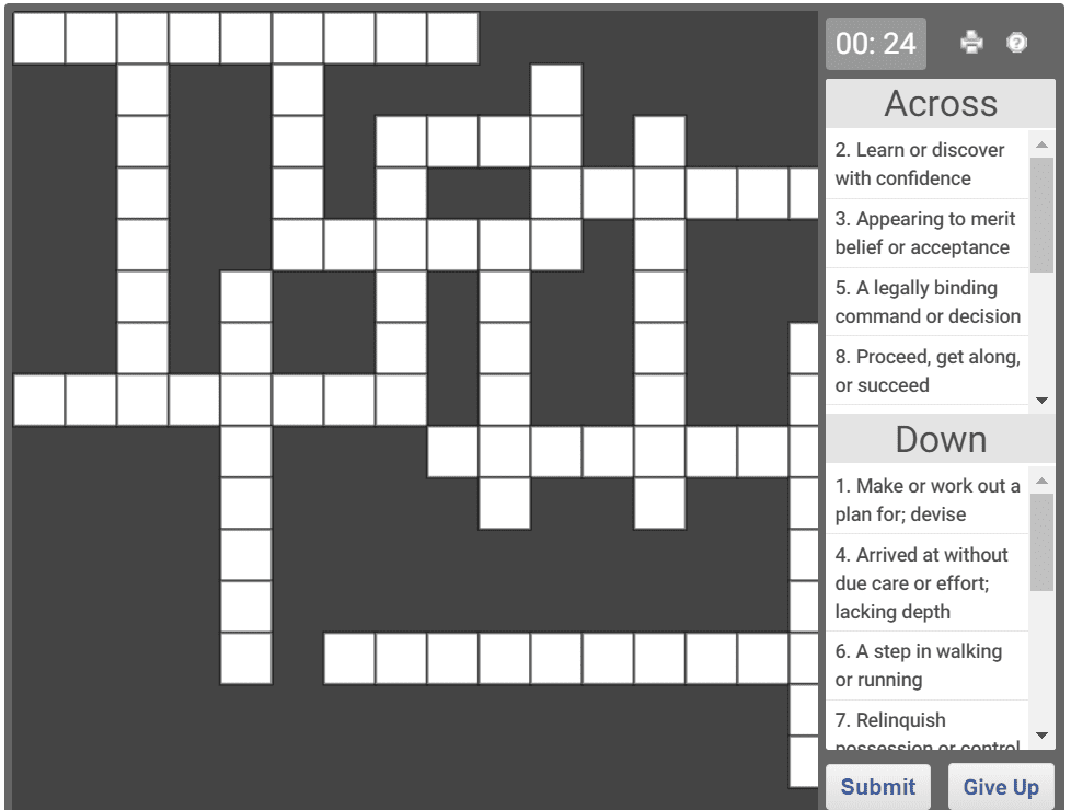 Online crossword puzzle for English Vocabulary 05 Olympiad tester