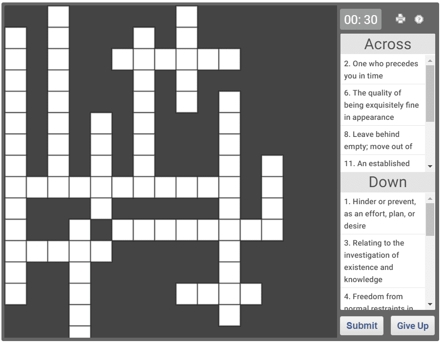 Online Crossword puzzle for English Vocabulary 03 Olympiad tester