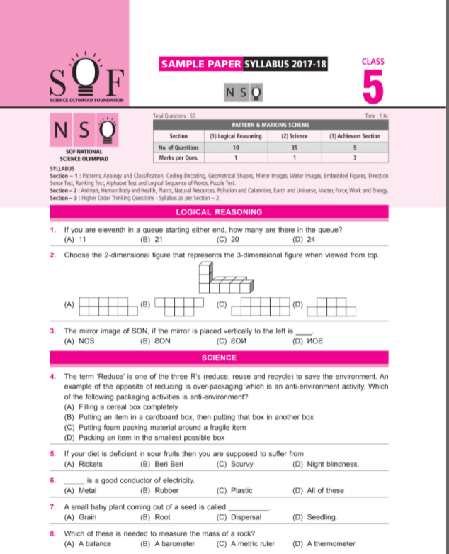 Class 5 NSO sample question paper Olympiad tester