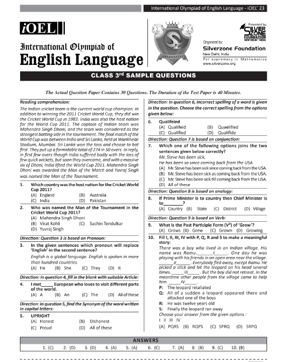 Class 3 IOEL English Olympiad Sample Question Paper | Olympiad Tester