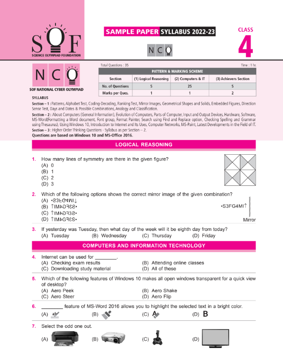 Official Class 4 NCO Cyber Olympiad sample question paper Olympiad tester