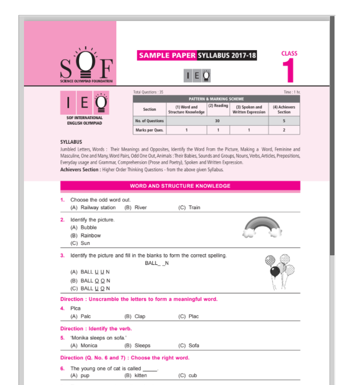 Class 1 IEO Sample paper with syllabus Olympiad tester