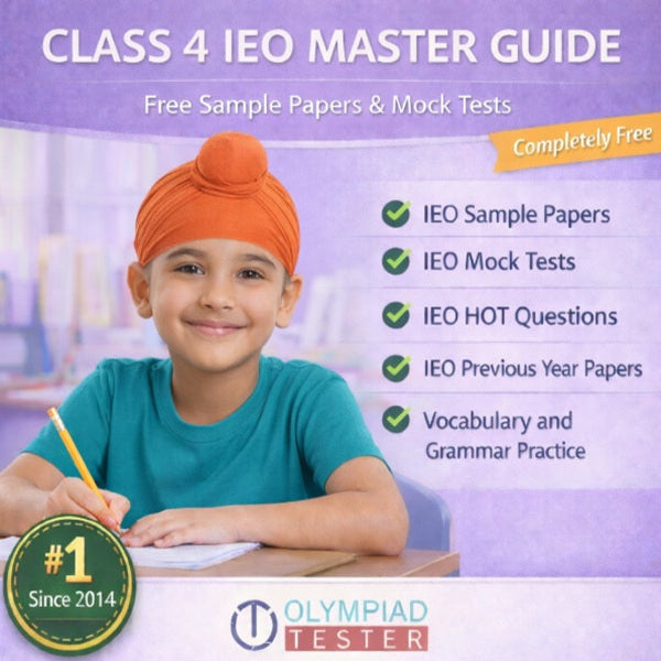 Class 4 IEO Master Guide ā Free Mock Tests and Sample Papers on a light purple background featuring a Sikh boy in a teal shirt writing at a desk | Olympiadtester.