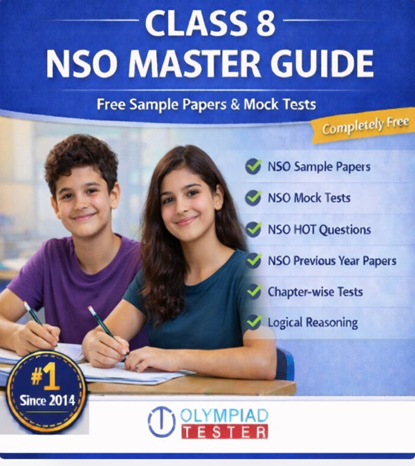Class 8 NSO Master Guide by Olympiadtester featuring free mock tests, sample papers, HOT questions and logical reasoning practice.