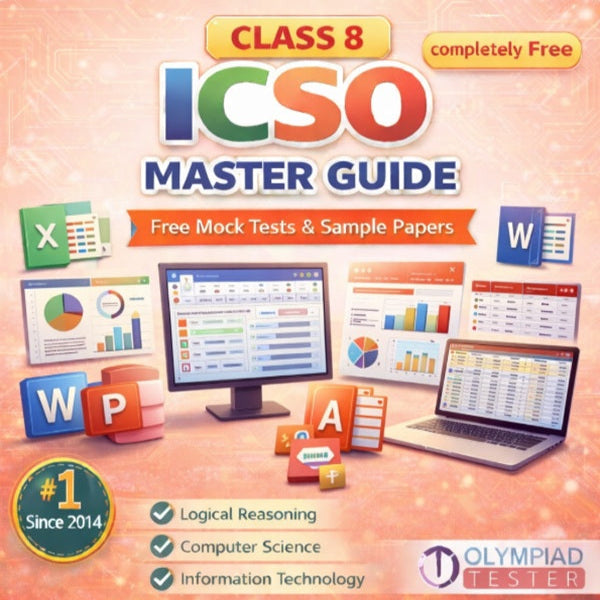 Class 8 ICSO Master Guide – Free Mock Tests and Sample Papers featuring MS Office theme with Excel charts, Word documents, PowerPoint slides and Access database icons on a light red background | Olympiadtester.