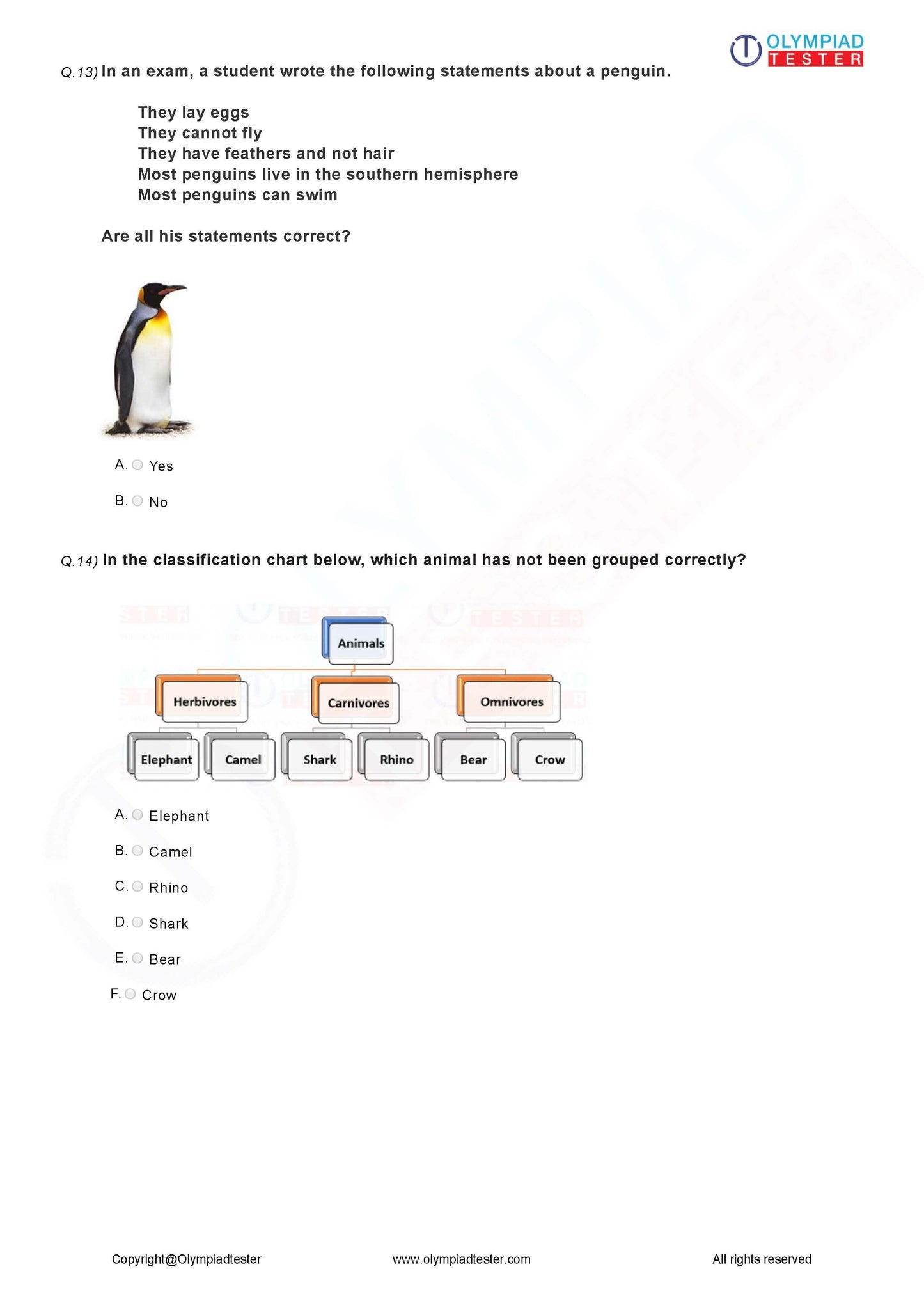 Class 3 Science Olympiad question papers