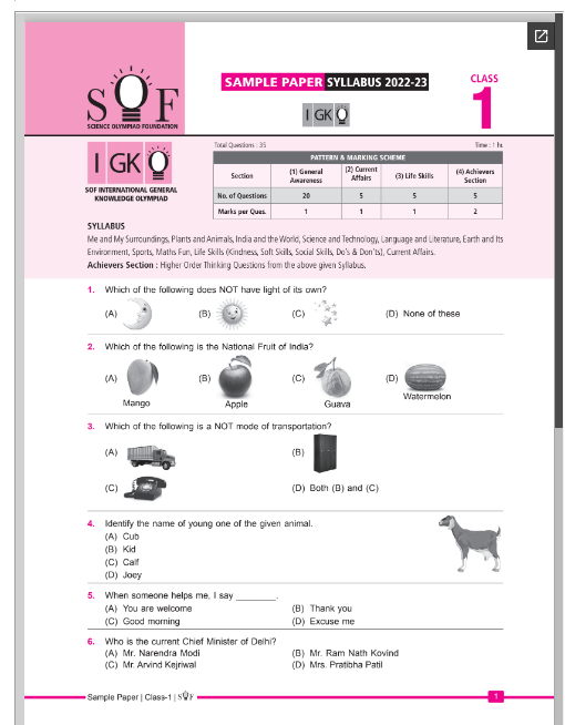 Download Class 1 IGKO sample question paper that has been designed by SOF to make the students aware of the IGKO exam pattern and syllabus. This will immensely help Class 1 students in their G.K Olympiad exam preparation