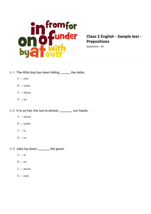 Class 2 English sample paper on prepositions