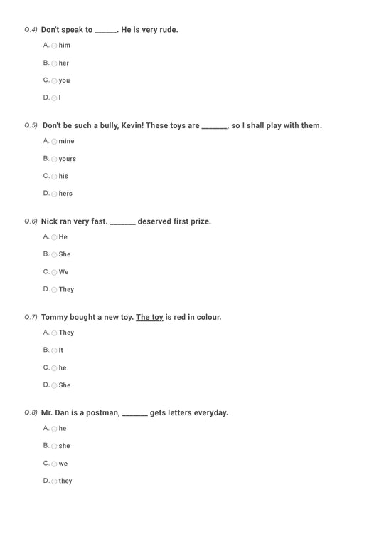 Class 2 English Sample paper on Pronouns