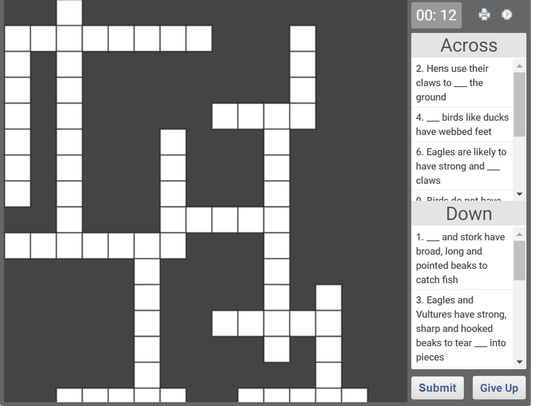 CBSE Class 3 Science crossword on Beaks and claws of birds