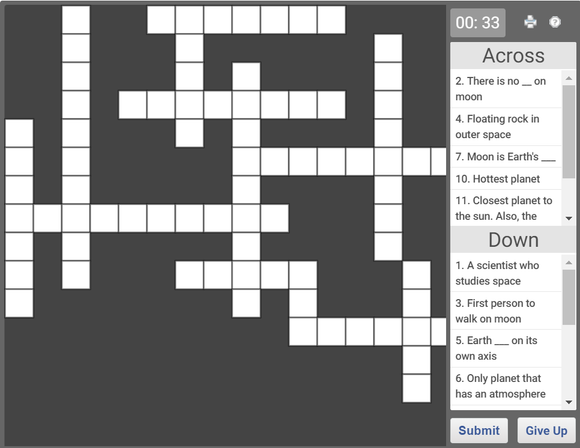 CBSE Class 3 Science crossword on Earth and Universe