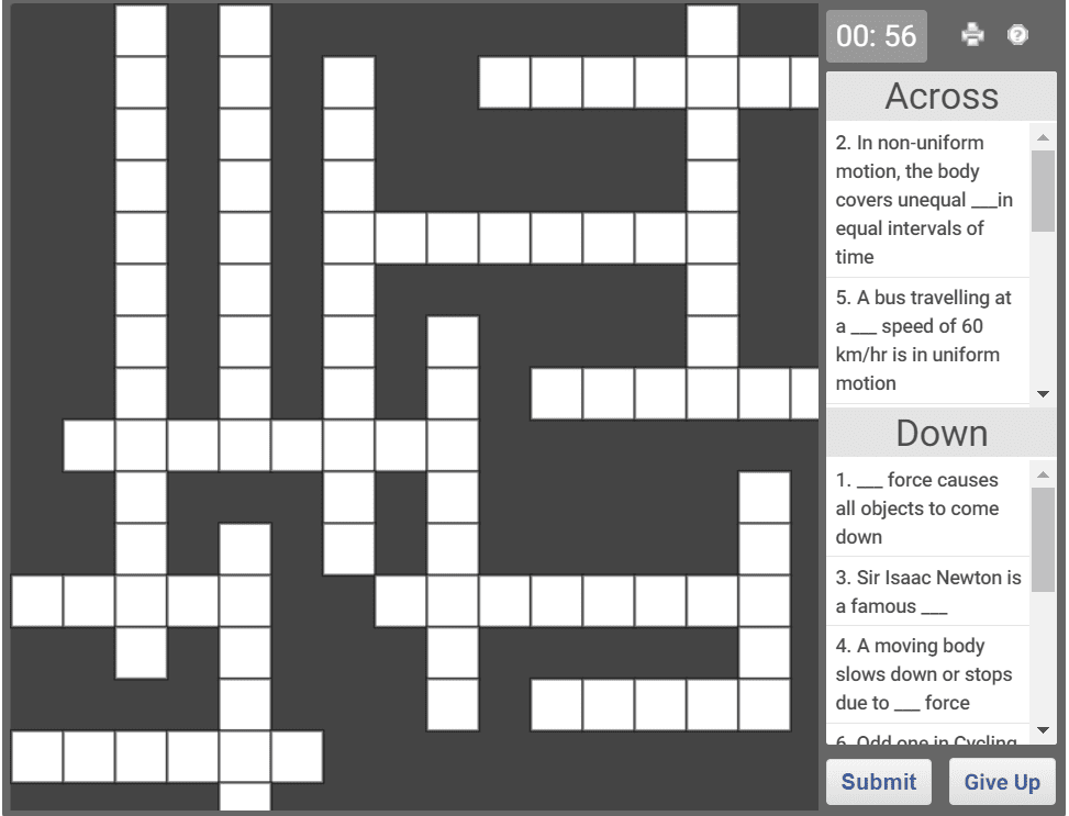 Science crossword puzzle - Motion and measurement | Olympiad tester