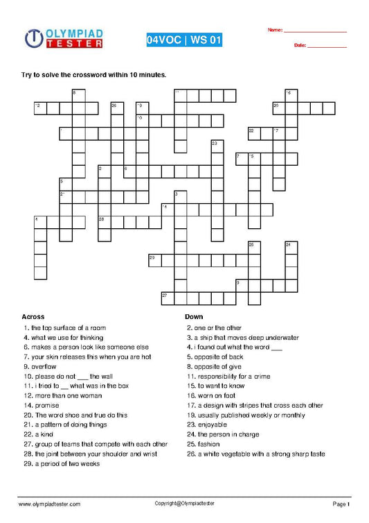 English vocabulary crosswords for grade 4