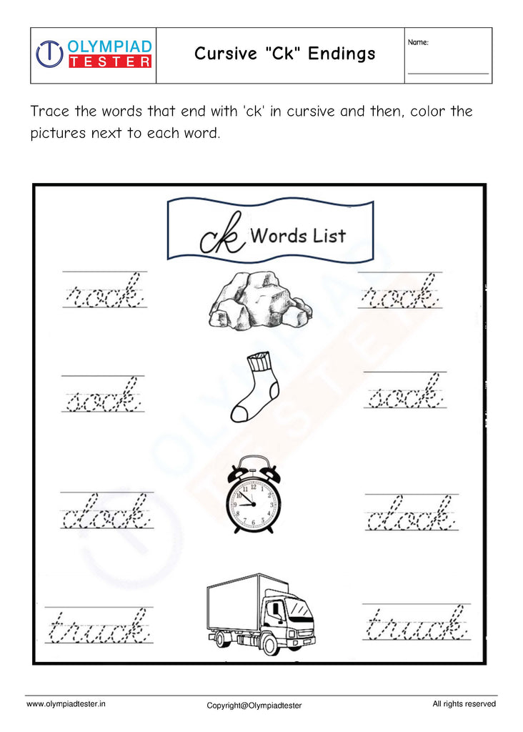 Cursive "Ck" Ending Words Worksheet