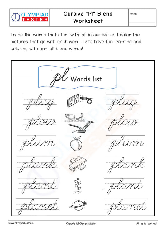 Cursive "Pl" Blend Worksheet