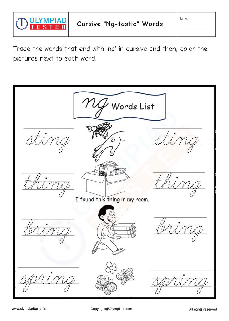 Cursive "Ng-tastic" Words Worksheet