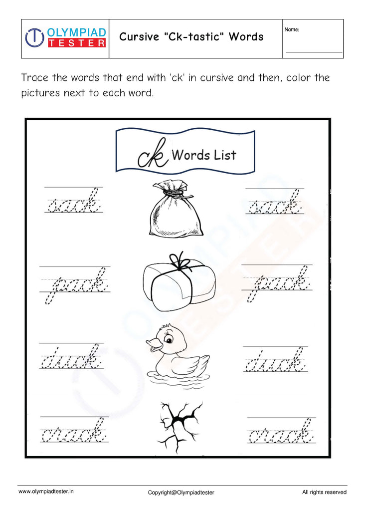 Cursive "Ck-tastic" Words Worksheet