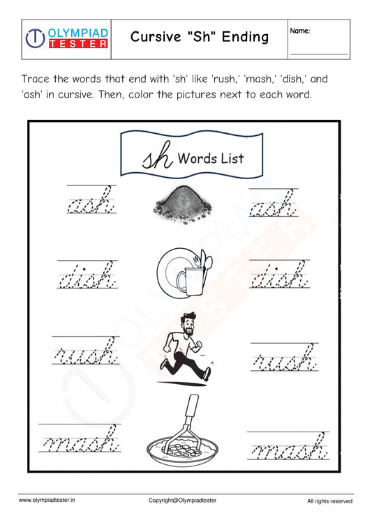 Cursive "Sh" Ending Words Worksheet