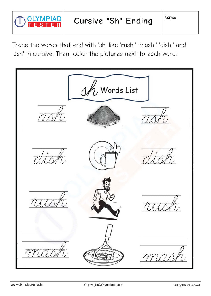 Cursive "Sh" Ending Words Worksheet