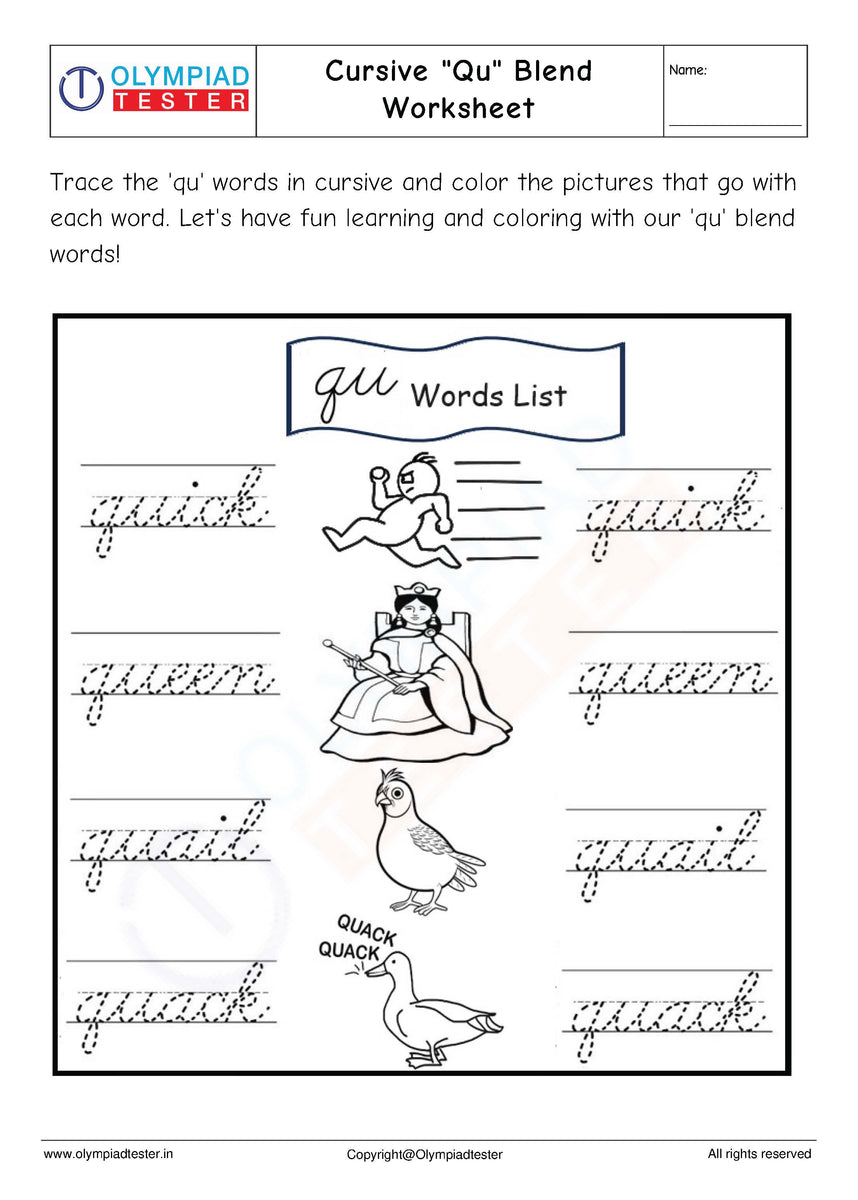 Cursive "Qu" Blend Worksheet Olympiad tester