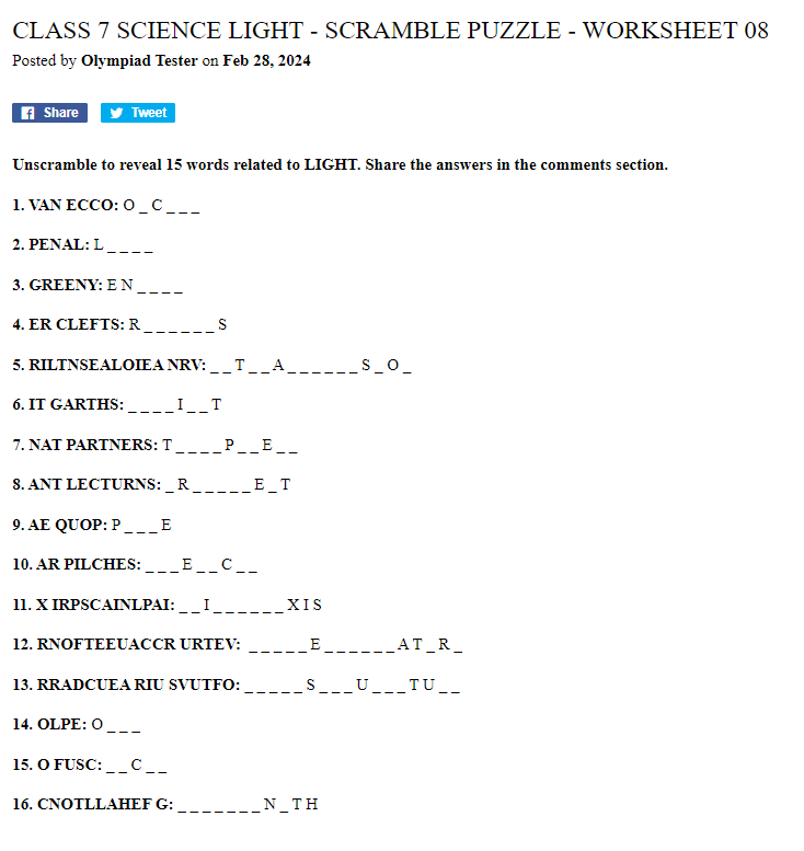 Class 7 Science Light - Scramble puzzle - Worksheet 09