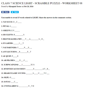 Class 7 Science Light - Scramble puzzle - Worksheet 09