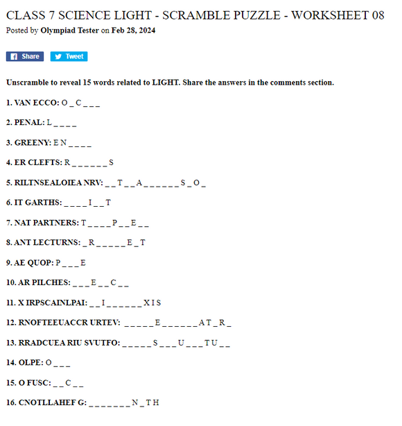 Class 7 Science Light - Scramble puzzle - Worksheet 08