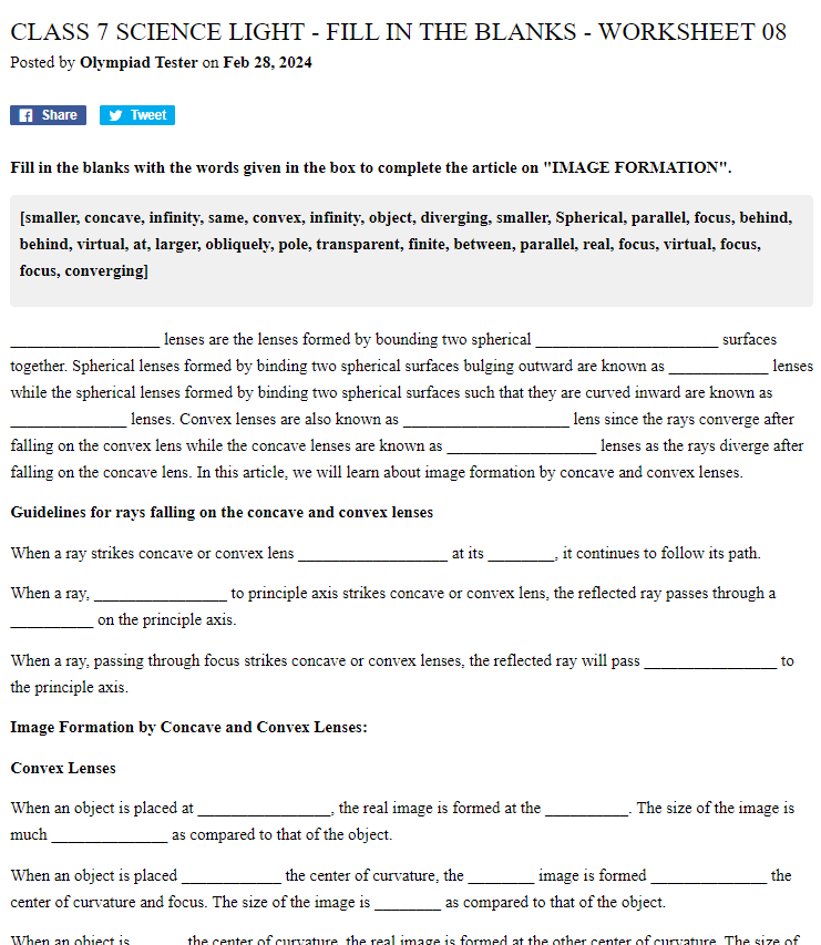 Class 7 Science Light - Fill in the blanks - Worksheet 08