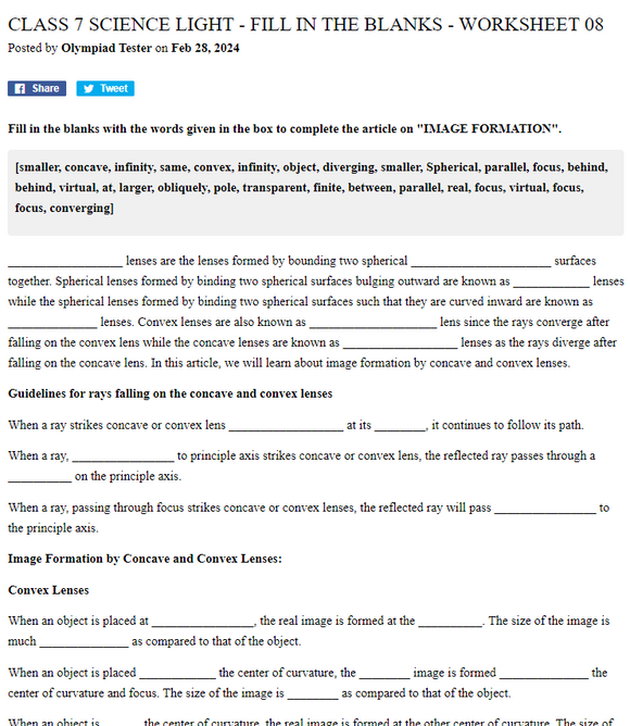 Class 7 Science Light - Fill in the blanks - Worksheet 08