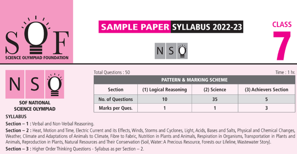 Class 7 SOF NSO Sample model question paper  with syllabus