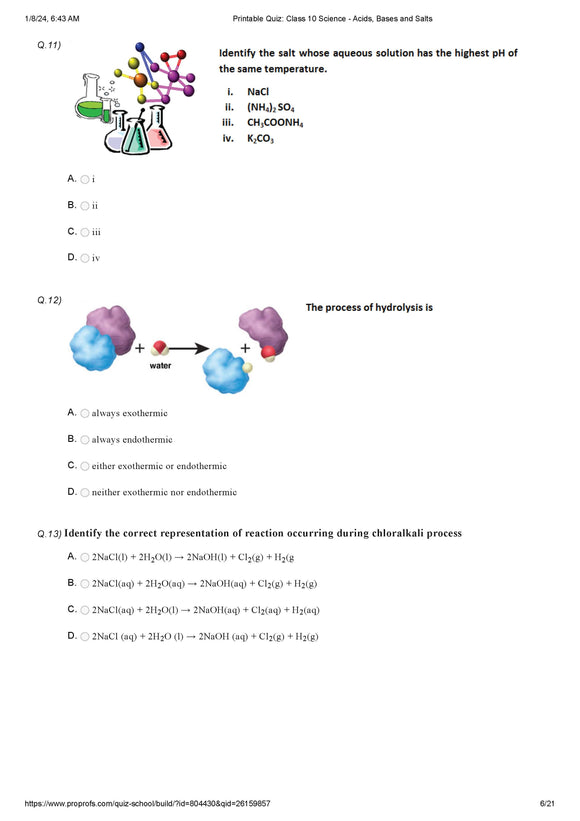 Class 10 NSO sample paper on Acids, bases, and salts