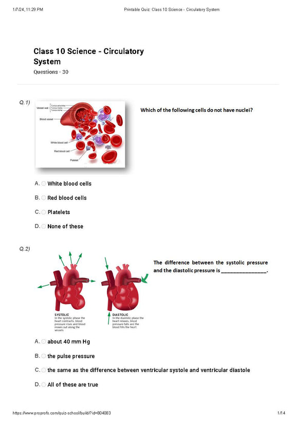 Class 10 NSO sample paper on the circulatory system