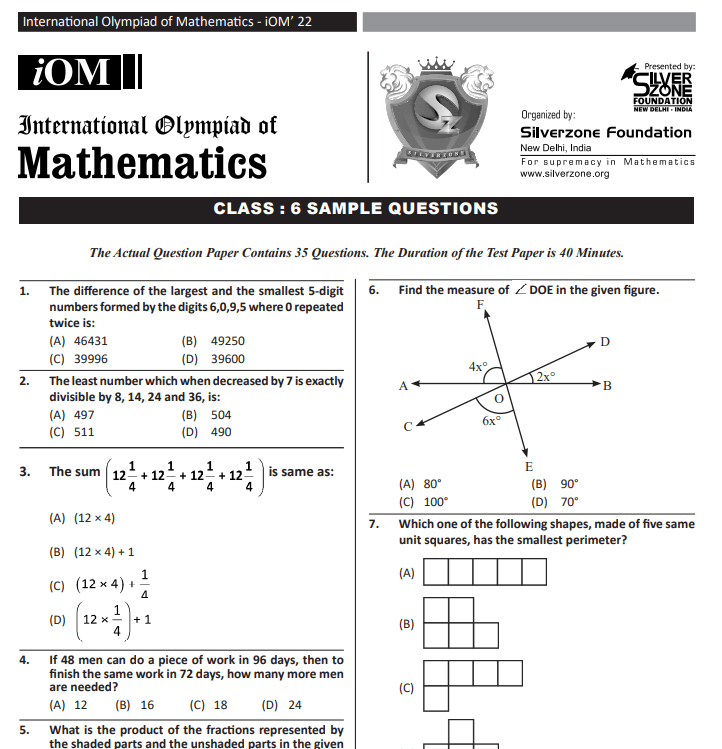 CLASS 6 IOM MATHS OLYMPIAD OFFICIAL SAMPLE QUESTION PAPER