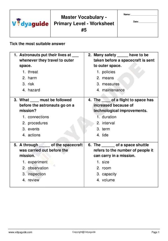 English Vocabulary for Primary levels made easy - Worksheet 05