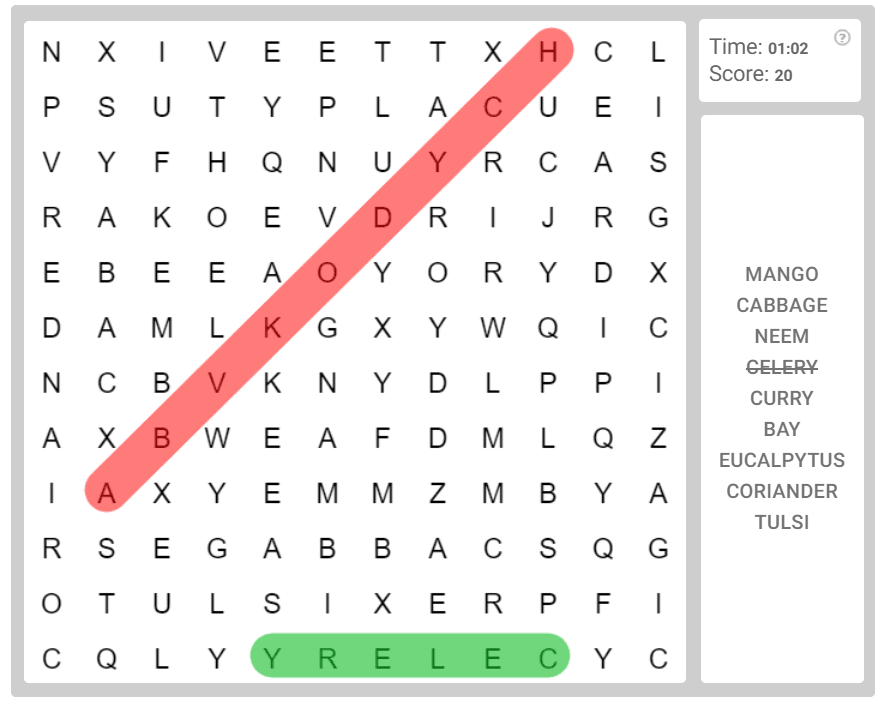 Word Search puzzle - Useful leaves