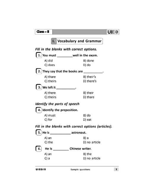 Download Class 2 UIEO English Olympiad sample paper