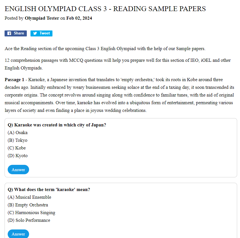 English Olympiad Class 3 - Reading sample papers