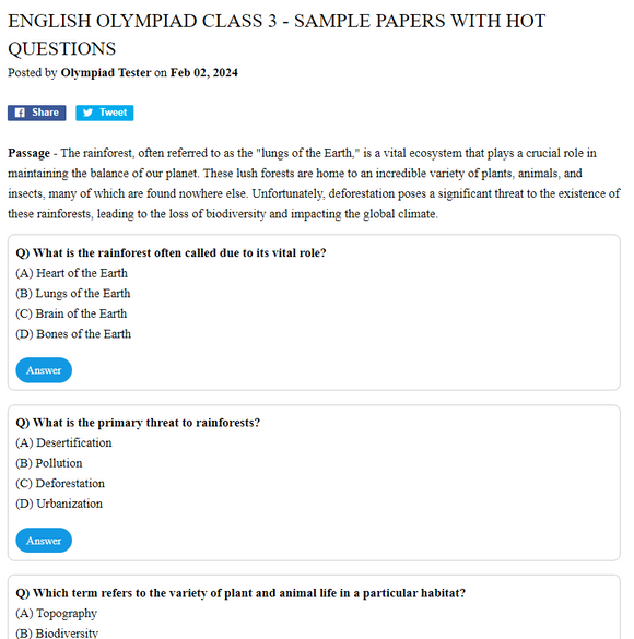 English Olympiad Class 3 - Reading Sample papers 02