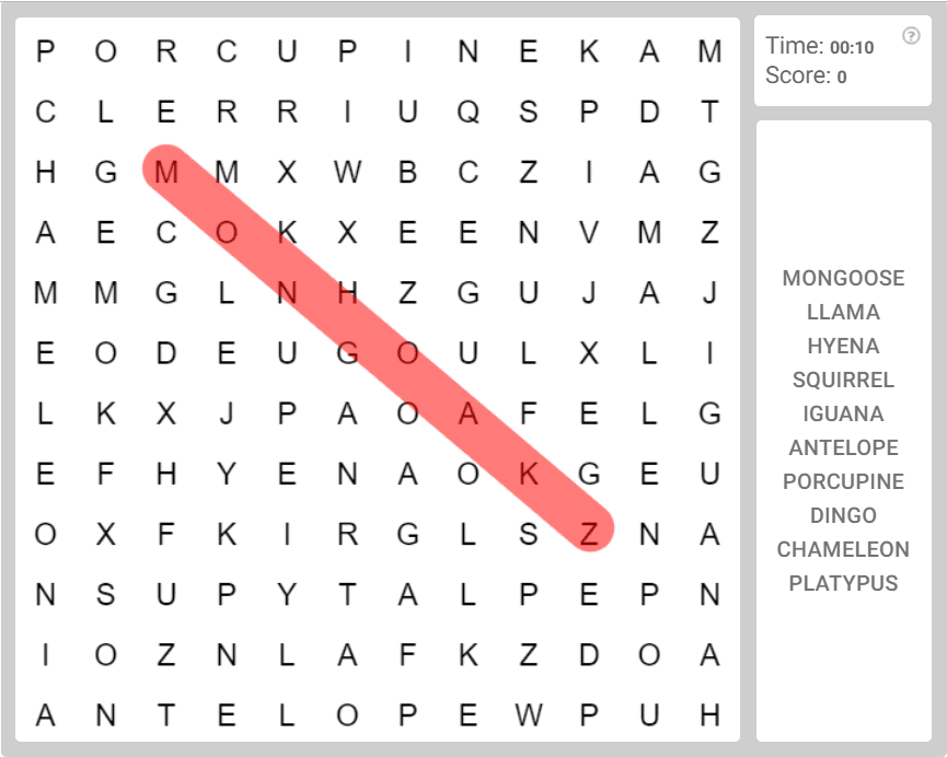 Online Word Search puzzle - Animals