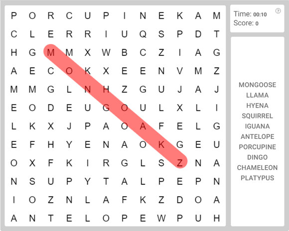 Online Word Search puzzle - Animals - Olympiad tester