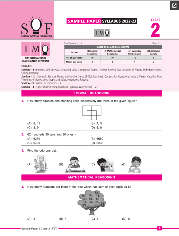 Class 2 IMO Sample paper - Free download - Olympiad tester