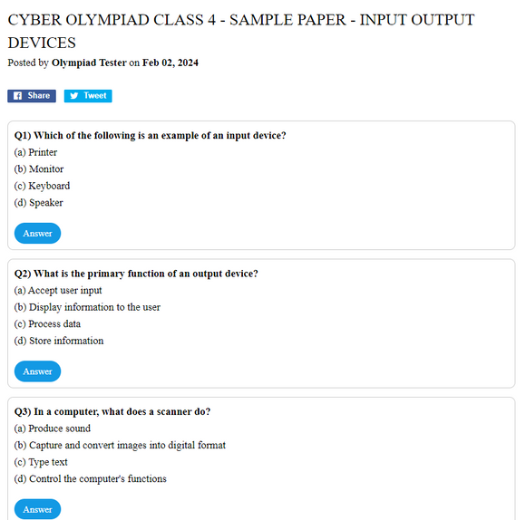 Cyber Olympiad Class 4 - Sample paper - Input output devices
